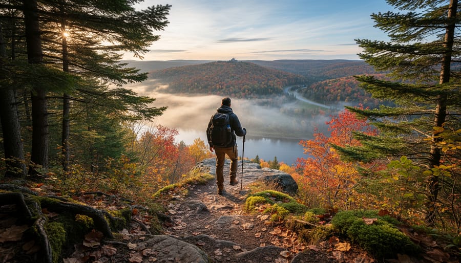“Hiker standing on a rugged forest trail near Quebec City with sunlight and a distant river valley lookout in the background”