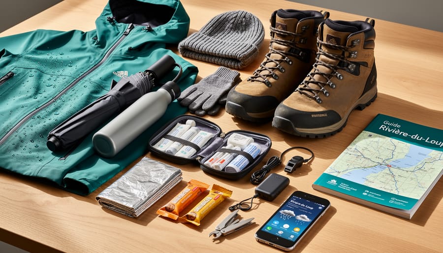 Laid-out camping essentials including rain gear, headlamp, first-aid kit, emergency whistle, and sleeping equipment for coastal weather.