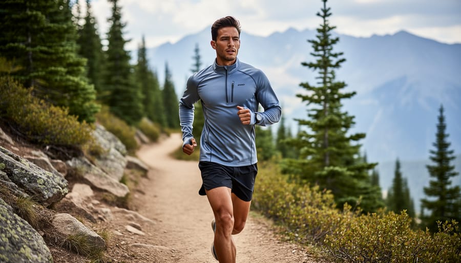 Hiker wearing a Rab half-zip pullover on a rocky incline with trail details in the background.
