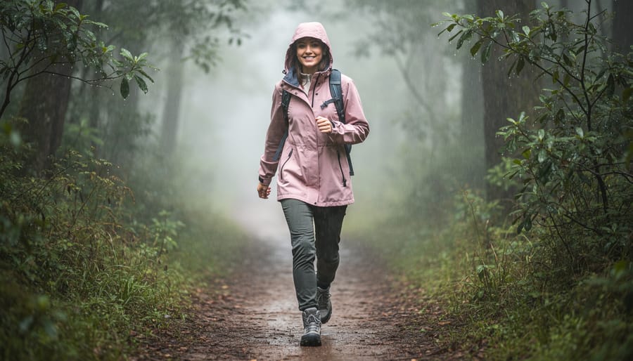 Hiker in waterproof, stylish outerwear adjusting a backpack on a misty rainy trail