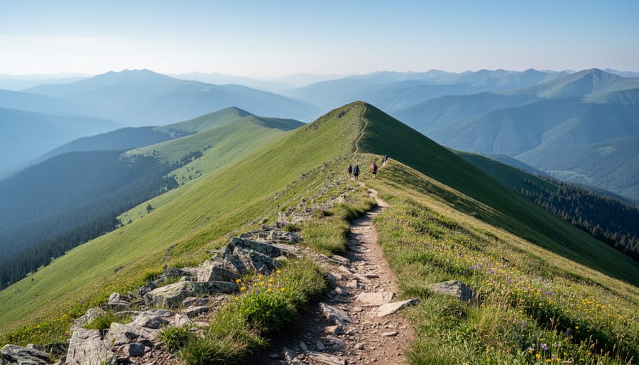 Hikers on a ridgeline trail with sweeping extended views near Quebec City