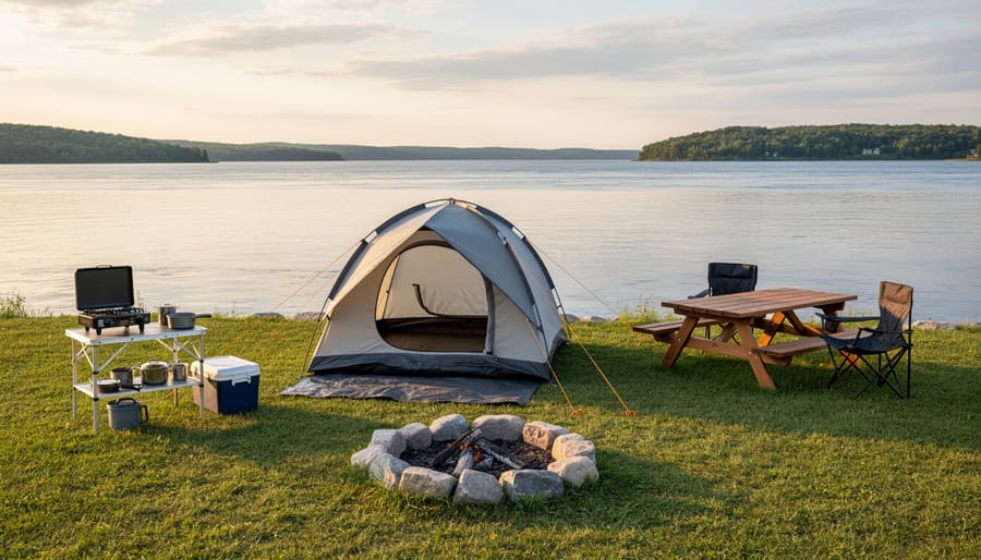 Tent and camping gear set up at a Rivière-du-Loup campsite with the St. Lawrence River in the distance.