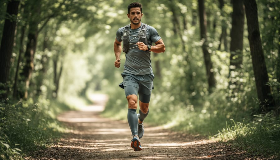 Hiker in Salomon trail running clothing mid-stride on a forest trail with leaves and trees in the background.