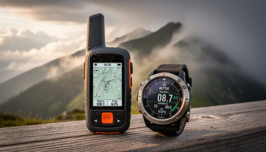 Satellite communicator and GPS watch held by a hiker at a mountain overlook