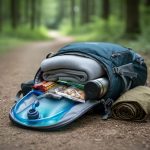 “Small day-hike backpack on a forest trail with hydration bladder, water bottle, light layers, and trail snacks arranged for a day trip.”
