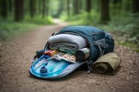 “Small day-hike backpack on a forest trail with hydration bladder, water bottle, light layers, and trail snacks arranged for a day trip.”