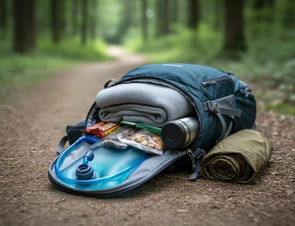 “Small day-hike backpack on a forest trail with hydration bladder, water bottle, light layers, and trail snacks arranged for a day trip.”