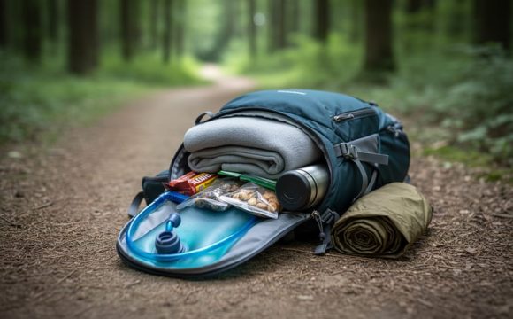 “Small day-hike backpack on a forest trail with hydration bladder, water bottle, light layers, and trail snacks arranged for a day trip.”