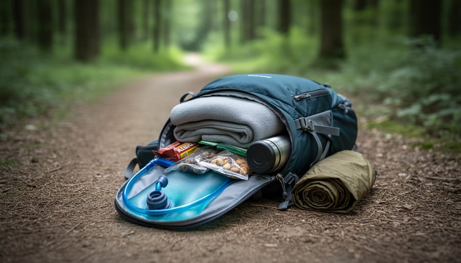 “Small day-hike backpack on a forest trail with hydration bladder, water bottle, light layers, and trail snacks arranged for a day trip.”