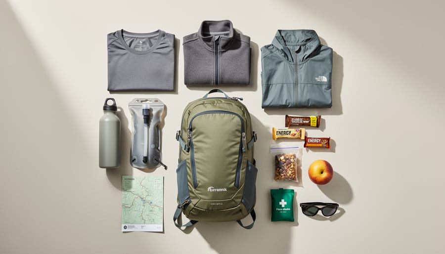 A small day-hike backpack on a bench with a water bottle, rain jacket, and snack container packed inside.