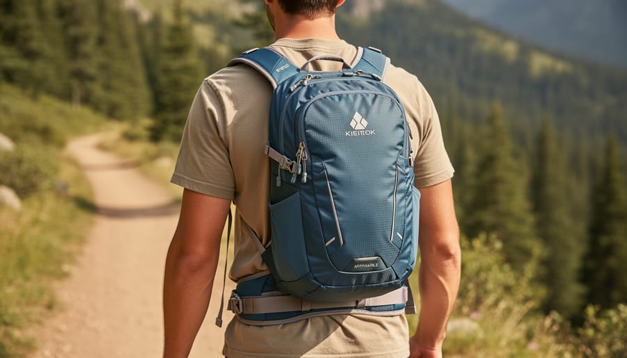 Hiker wearing a small hiking backpack on a forest trail with hip belt and shoulder straps visible