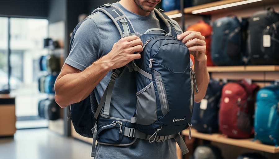 Hiker adjusting a small hiking backpack on a trail bench with day-hike items loaded for fit testing