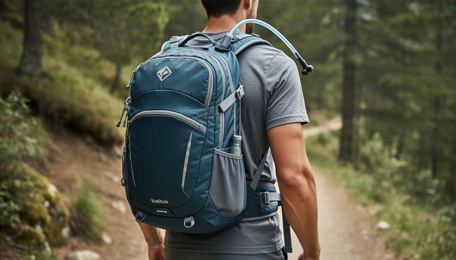 Close view of a small hiking backpack on a rock showing pockets and hydration compatibility near a stream