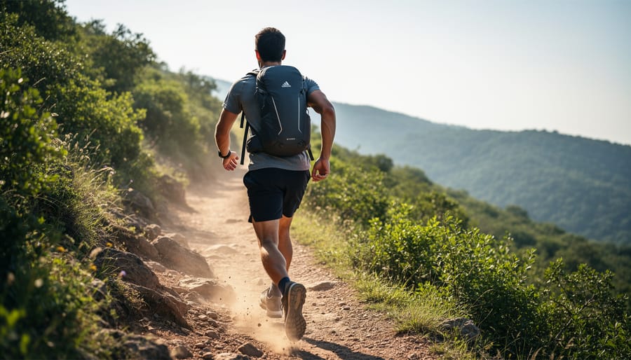 A hiker carrying a small hiking backpack while walking uphill on a rocky trail.