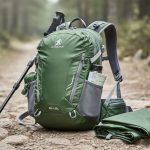 Ultralight small hiking daypack on a rocky trail with trekking pole and essentials nearby, lit by soft overcast daylight in a forest setting.