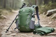 Ultralight small hiking daypack on a rocky trail with trekking pole and essentials nearby, lit by soft overcast daylight in a forest setting.