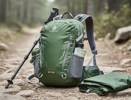 Ultralight small hiking daypack on a rocky trail with trekking pole and essentials nearby, lit by soft overcast daylight in a forest setting.