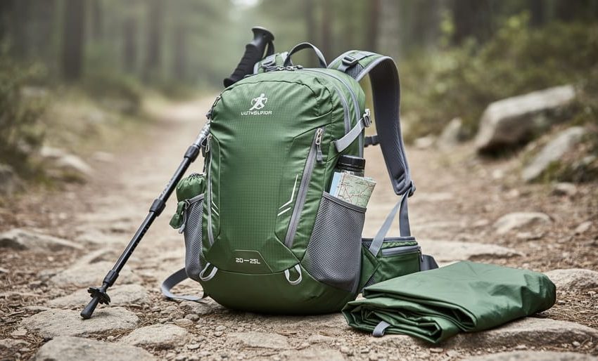Ultralight small hiking daypack on a rocky trail with trekking pole and essentials nearby, lit by soft overcast daylight in a forest setting.