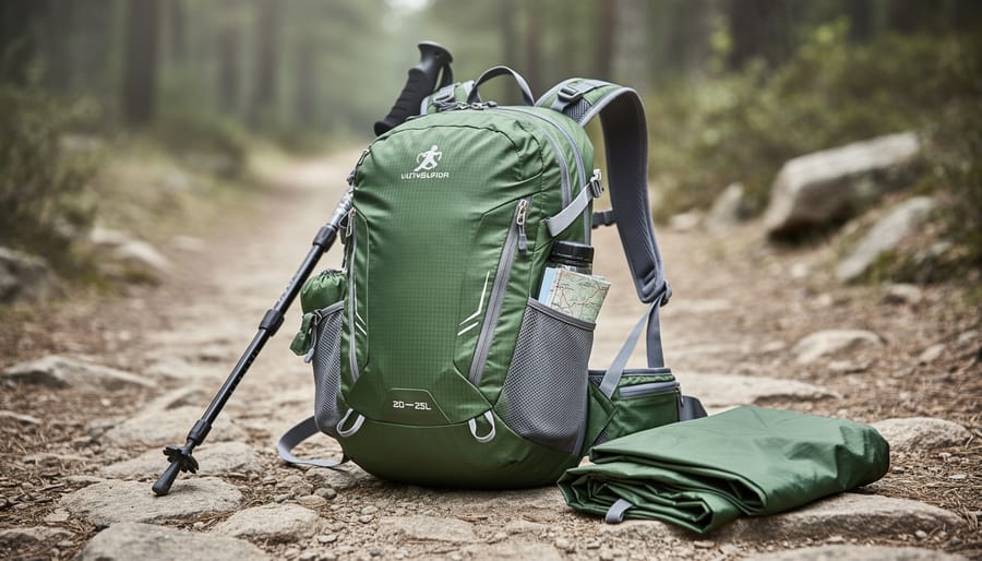 Ultralight small hiking daypack on a rocky trail with trekking pole and essentials nearby, lit by soft overcast daylight in a forest setting.