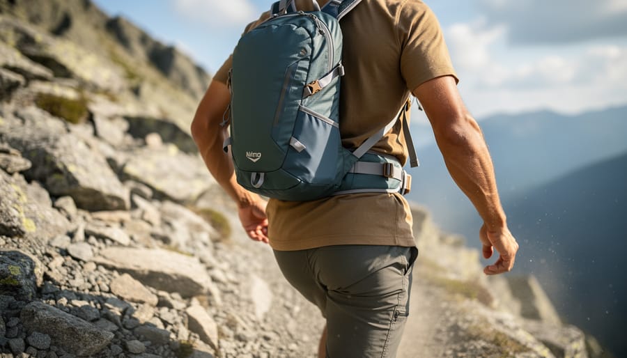 Hiker wearing a small hiking bag walking uphill on rocky trail with hip belt secured