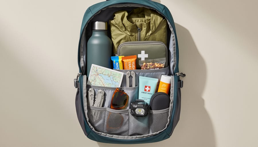 Lightweight items packed inside a small hiking bag with a rain jacket and water filter visible