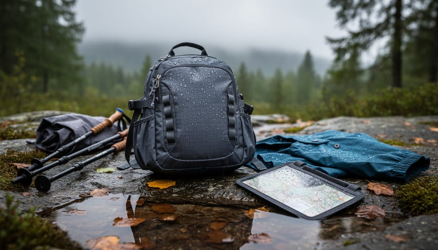 Small hiking bag with raindrops beading on fabric placed near campsite gear after light rain