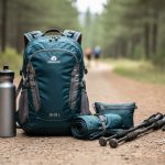 Small hiking daypack with hydration bottle and folded gear placed on a forest trail, styled for a day-trip packing guide.