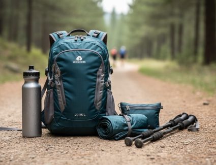 Small hiking daypack with hydration bottle and folded gear placed on a forest trail, styled for a day-trip packing guide.