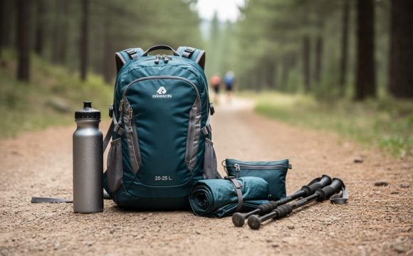 Small hiking daypack with hydration bottle and folded gear placed on a forest trail, styled for a day-trip packing guide.