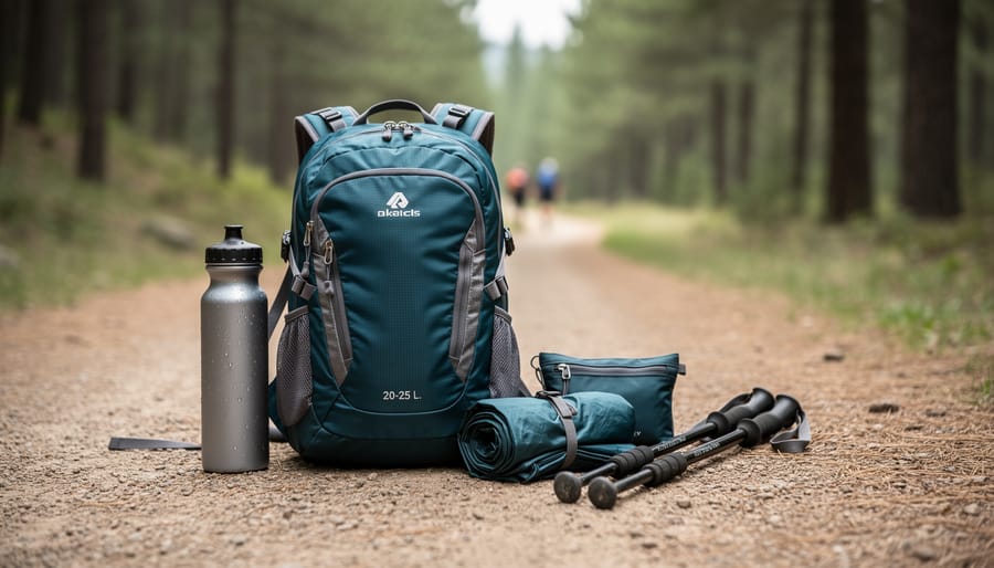 Small hiking daypack with hydration bottle and folded gear placed on a forest trail, styled for a day-trip packing guide.