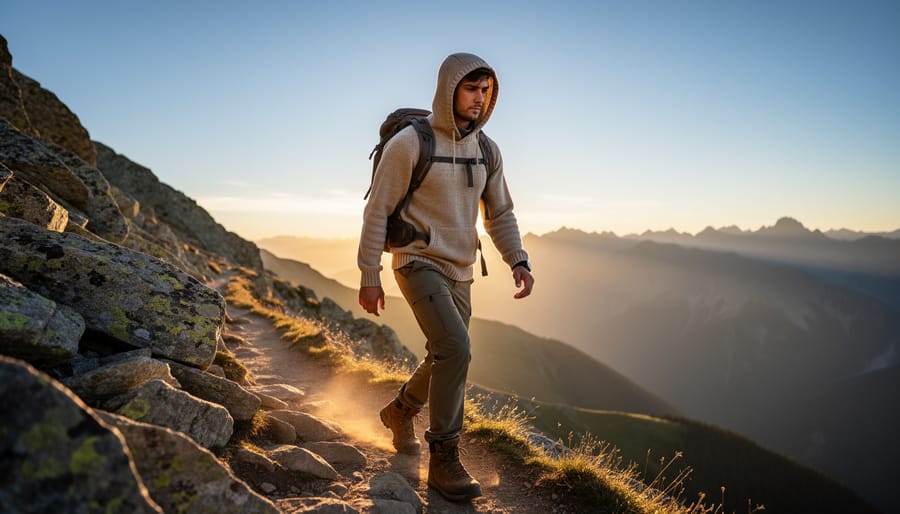 Hiker wearing a merino sun hoodie walking uphill in warm golden hour light.