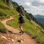 “Hiker walking up a steep mountain trail where switchbacks form a zig-zag across the hillside.”