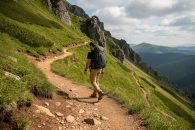 “Hiker walking up a steep mountain trail where switchbacks form a zig-zag across the hillside.”