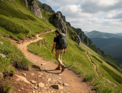 “Hiker walking up a steep mountain trail where switchbacks form a zig-zag across the hillside.”
