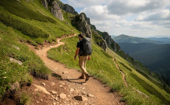 “Hiker walking up a steep mountain trail where switchbacks form a zig-zag across the hillside.”