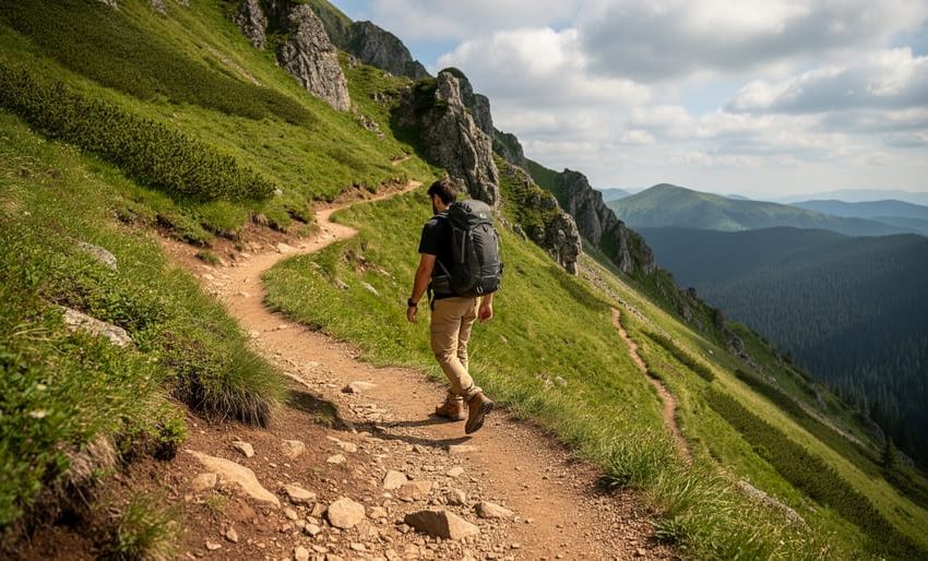 “Hiker walking up a steep mountain trail where switchbacks form a zig-zag across the hillside.”