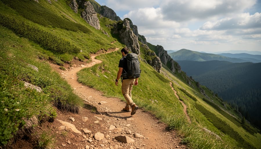 “Hiker walking up a steep mountain trail where switchbacks form a zig-zag across the hillside.”