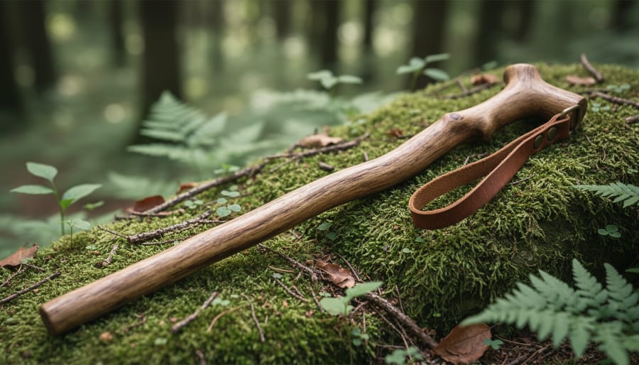 Traditional wooden hiking stick resting on moss in a forest.