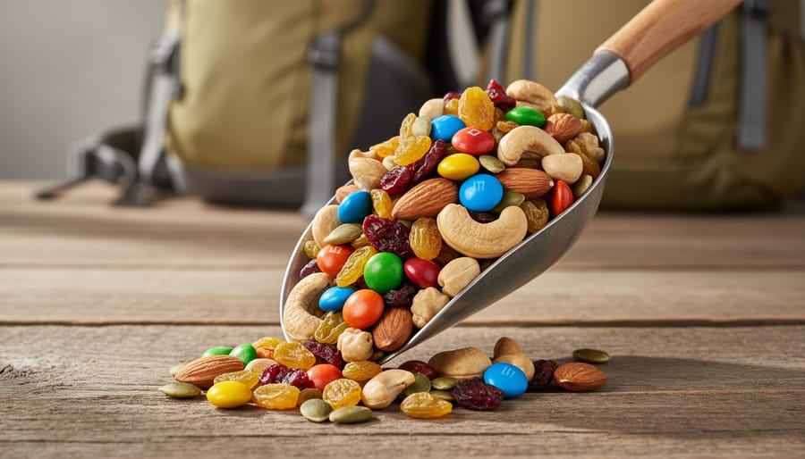 Close-up of trail mix with nuts and dried fruit in a resealable pouch on a rock by a forest trail.