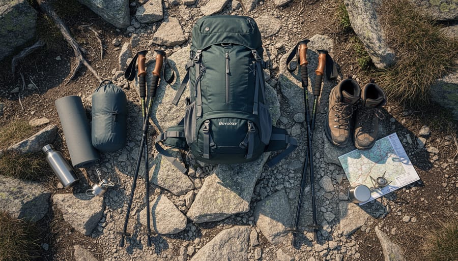 Trekking poles and backpack gear placed on rocky terrain with a Canadian mountain trail in the background.