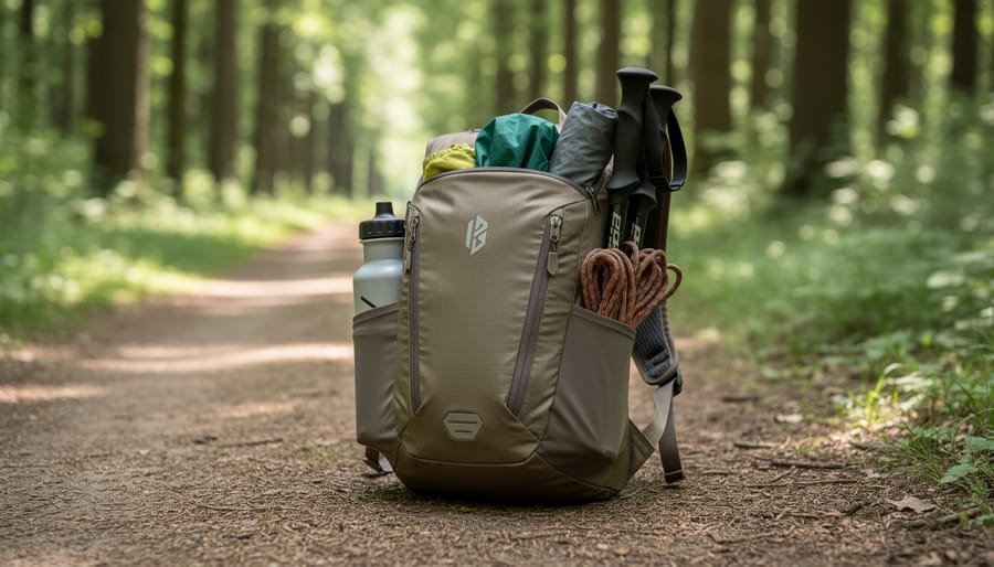 Ultralight small hiking daypack on a forest trail with trekking poles nearby