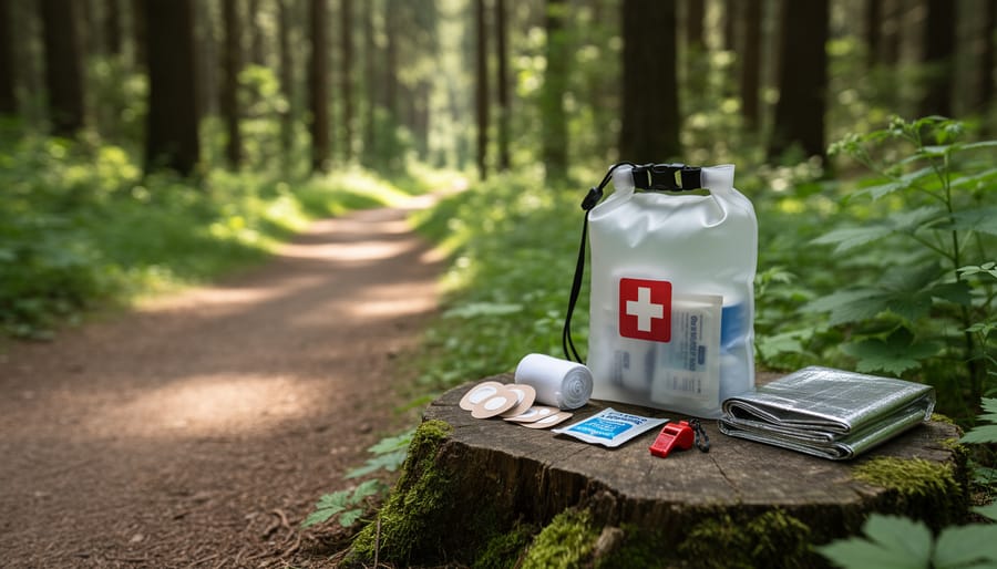Ultralight waterproof hiking first aid kit open on a rock near a forest trail
