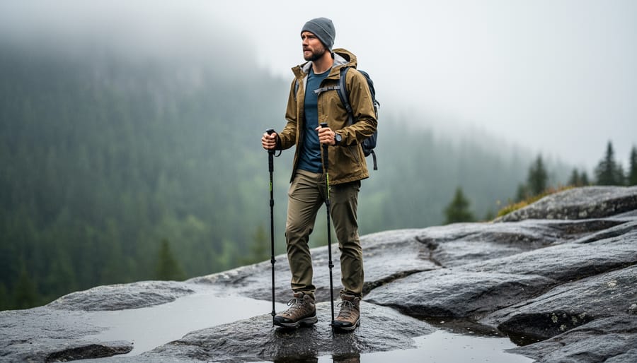 Hiker wearing Uniqlo-style hiking essentials on a misty trail with wet rocks and foggy background.