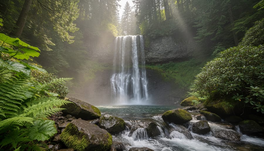 Waterfall cascading over wet rocks with green ferns and mist in a forest setting, evoking Golden Ears hiking scenery.