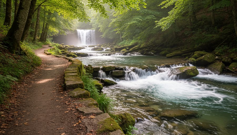 Waterfall on a river trail near Quebec City with a hiker on a viewpoint path