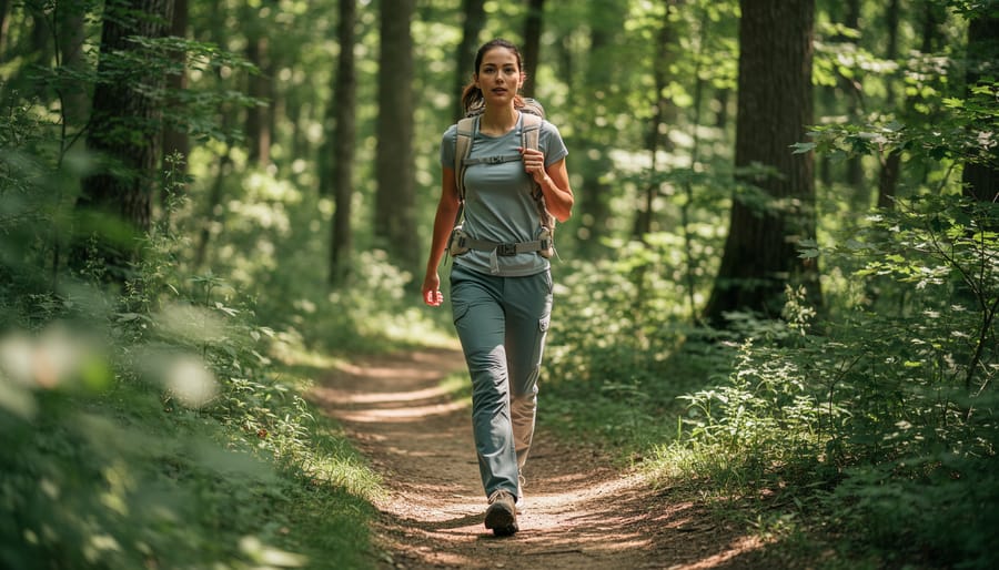 Woman hiking on a forest trail wearing women’s hiking pants with visible stretch and secure pockets