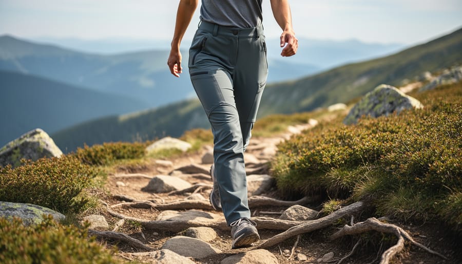 Woman hiking on a rocky trail wearing women’s hiking pants, seen from behind at eye level.