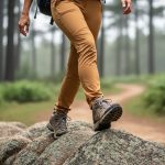 A woman wearing modern hiking pants walks over rocky terrain on a forest trail, showing a flexible outdoor look.