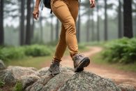 A woman wearing modern hiking pants walks over rocky terrain on a forest trail, showing a flexible outdoor look.