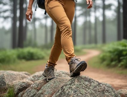 A woman wearing modern hiking pants walks over rocky terrain on a forest trail, showing a flexible outdoor look.
